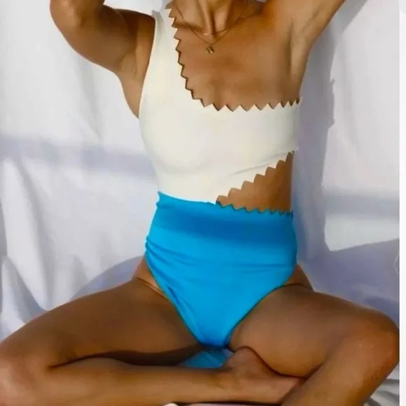Onia Betty Cut Out One Shoulder One Piece Swimsuit Blue and White Size M NWT - Picture 2 of 11